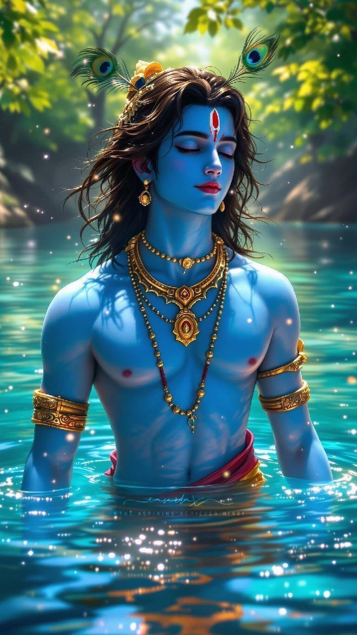 Blue-skinned Krishna with peacock feather.