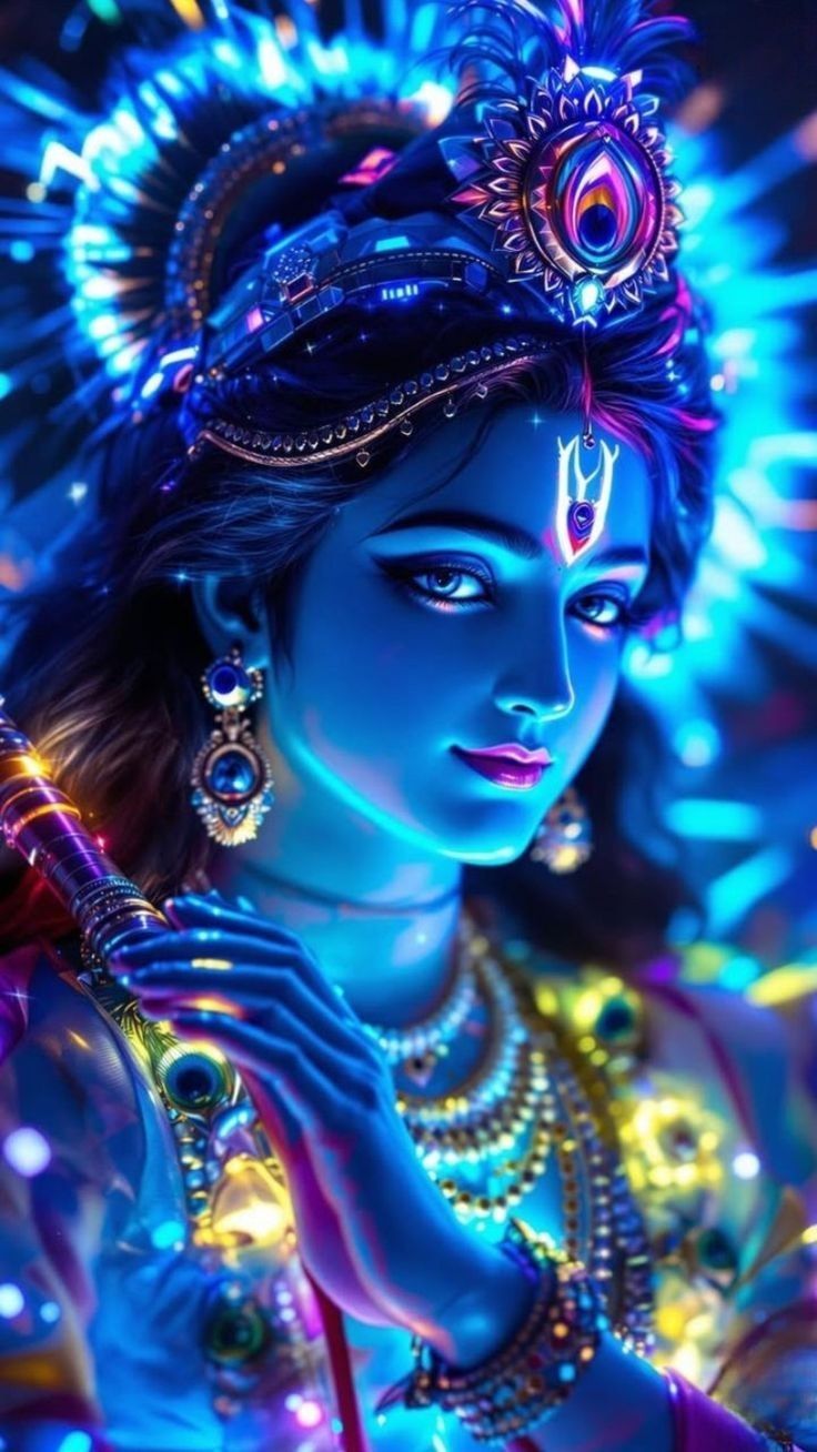 Blue-skinned Krishna playing a flute