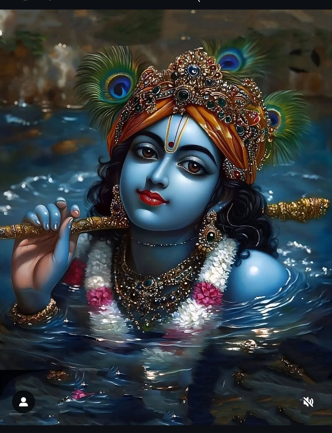 Krishna playing flute in water