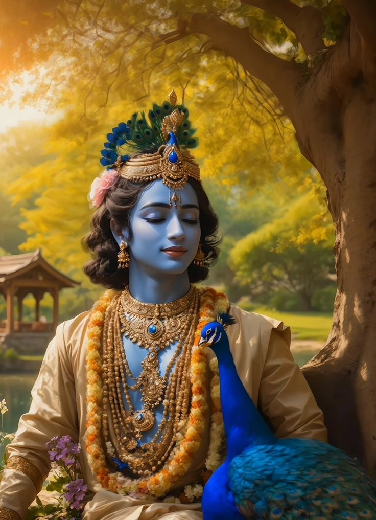 Peaceful Krishna with peacock feather