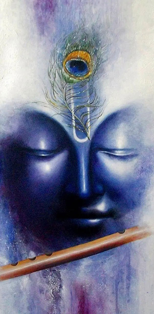 Peaceful Krishna face with flute