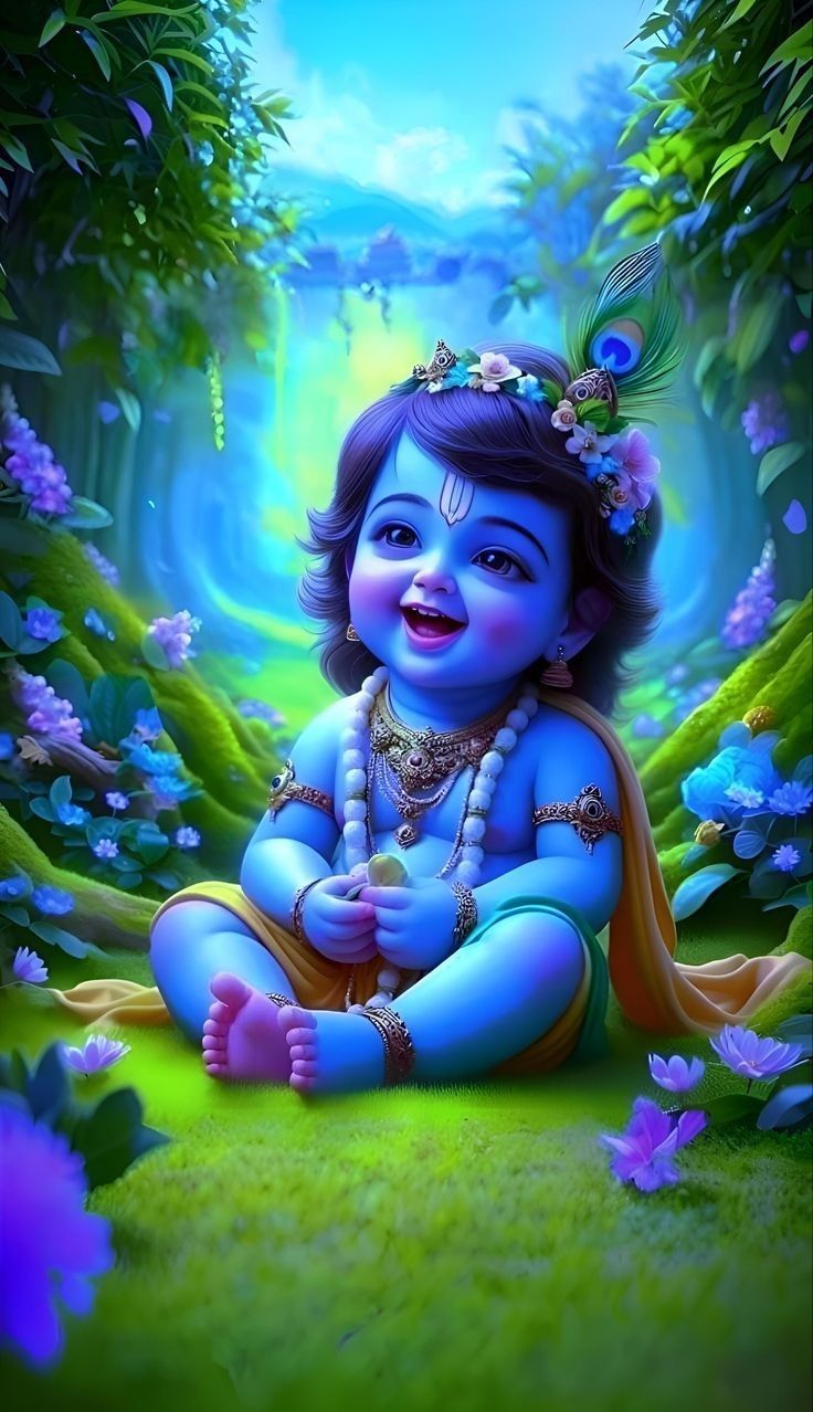 Smiling Bal Krishna in a flower garden