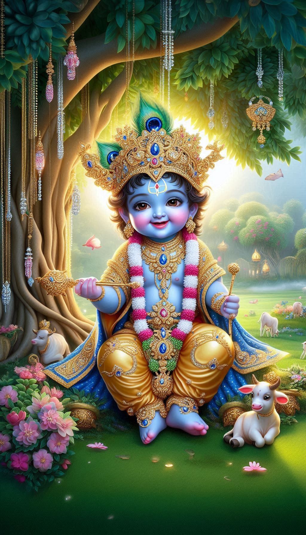 Baby Krishna playing flute with cows