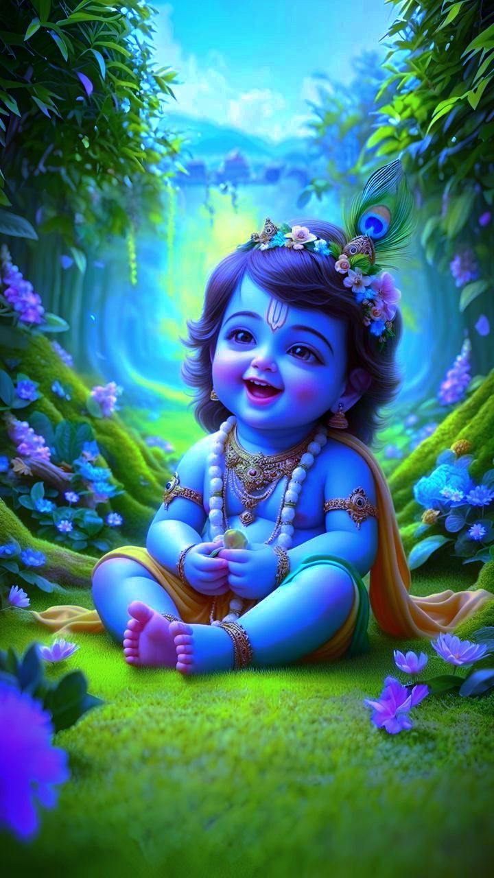 Smiling baby Krishna in a lush forest