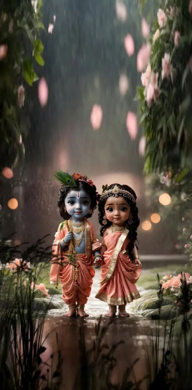 Krishna and Radha amidst blooming flowers