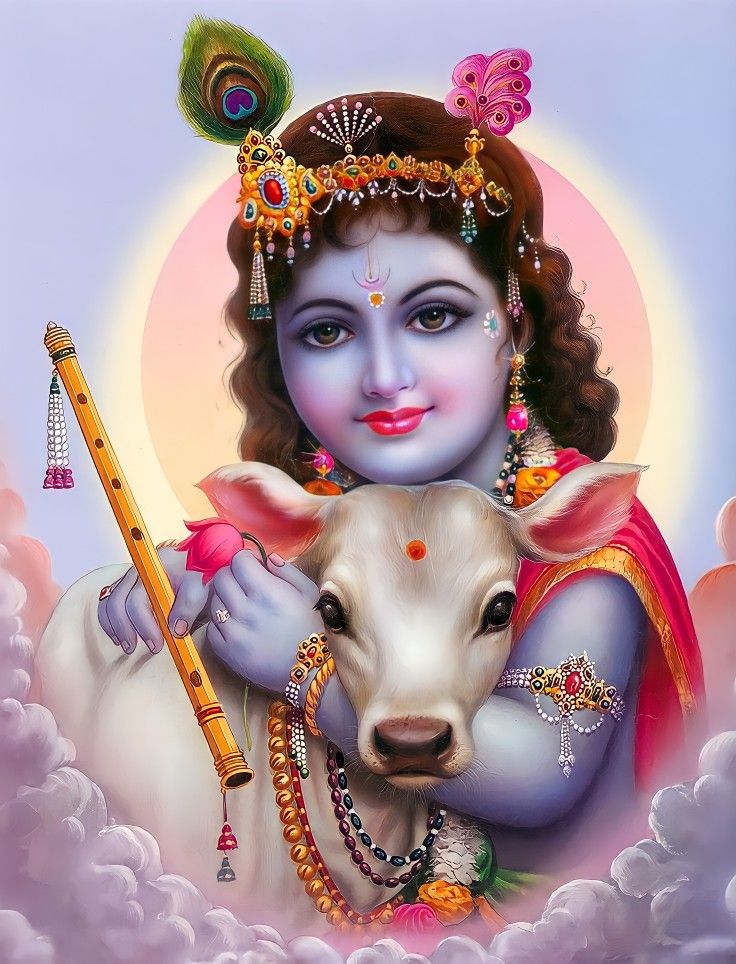 Baby Krishna with flute and cow