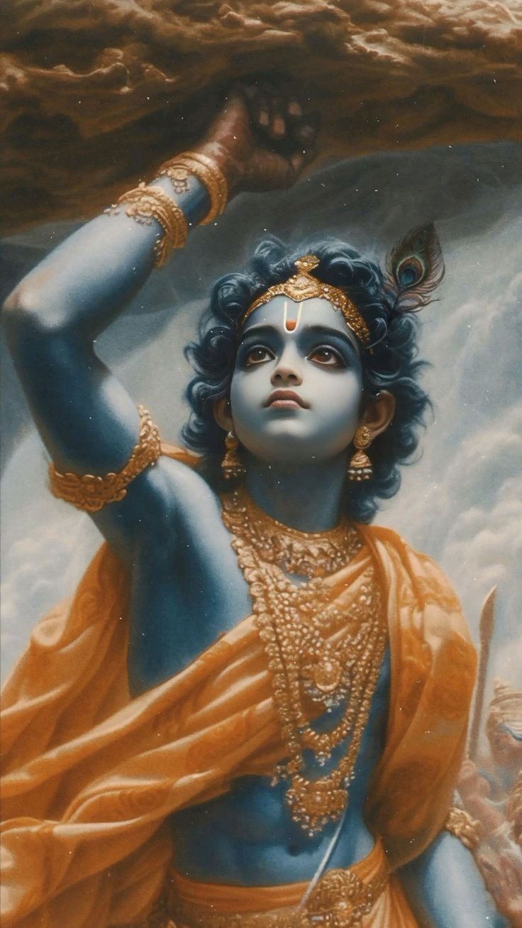 Young Krishna lifting Govardhan Hill.