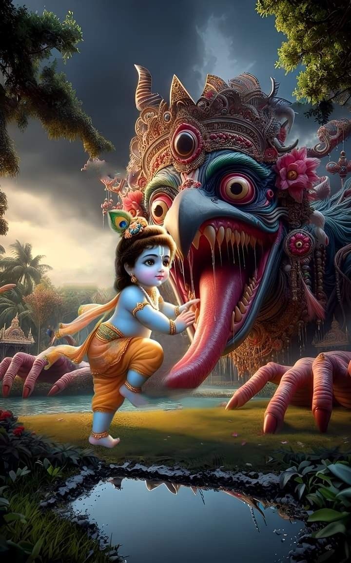 Young Krishna confronts a monstrous demon.
