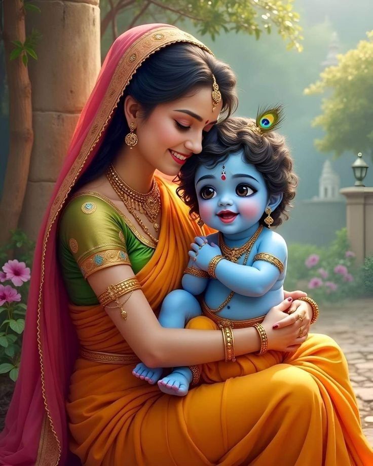 Krishna embraced by Radha, divine image.