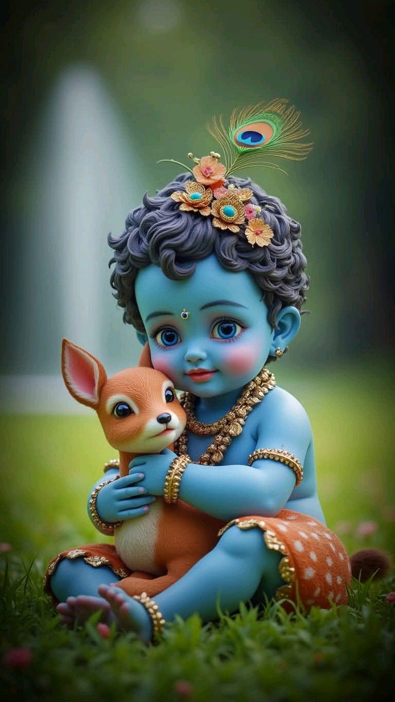 Baby Krishna with a playful deer