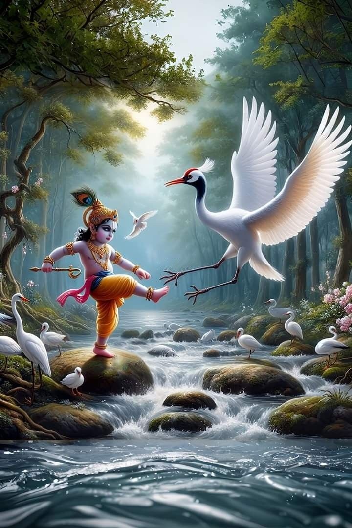 Krishna playing with birds in forest