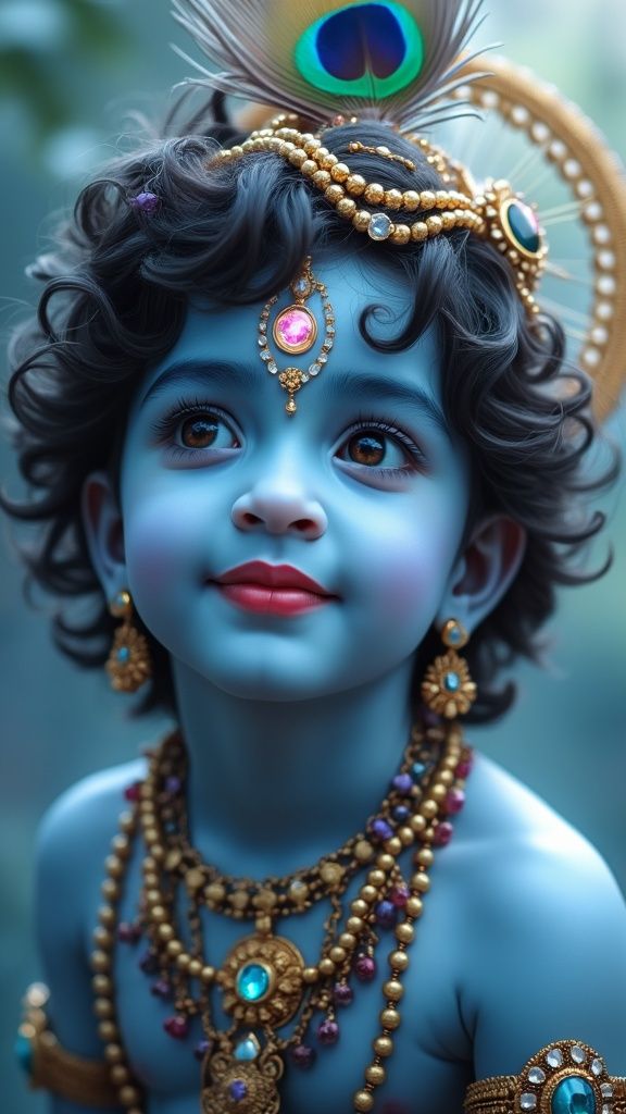 Adorable baby Krishna with peacock feather