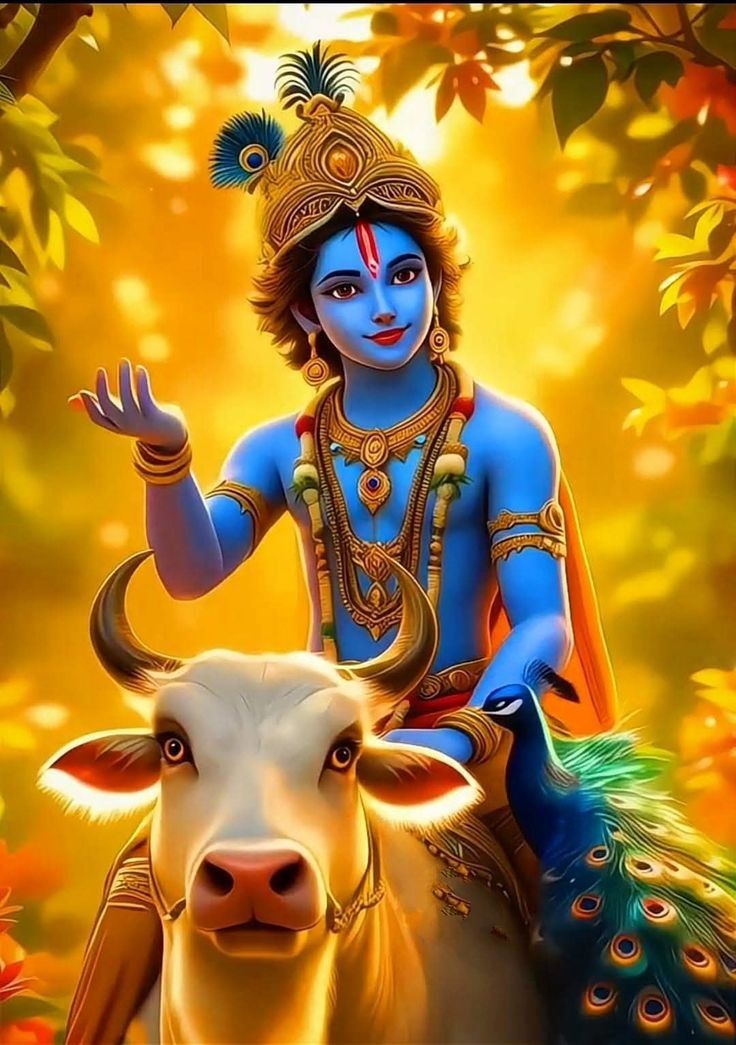 Young Krishna with a cow and peacock