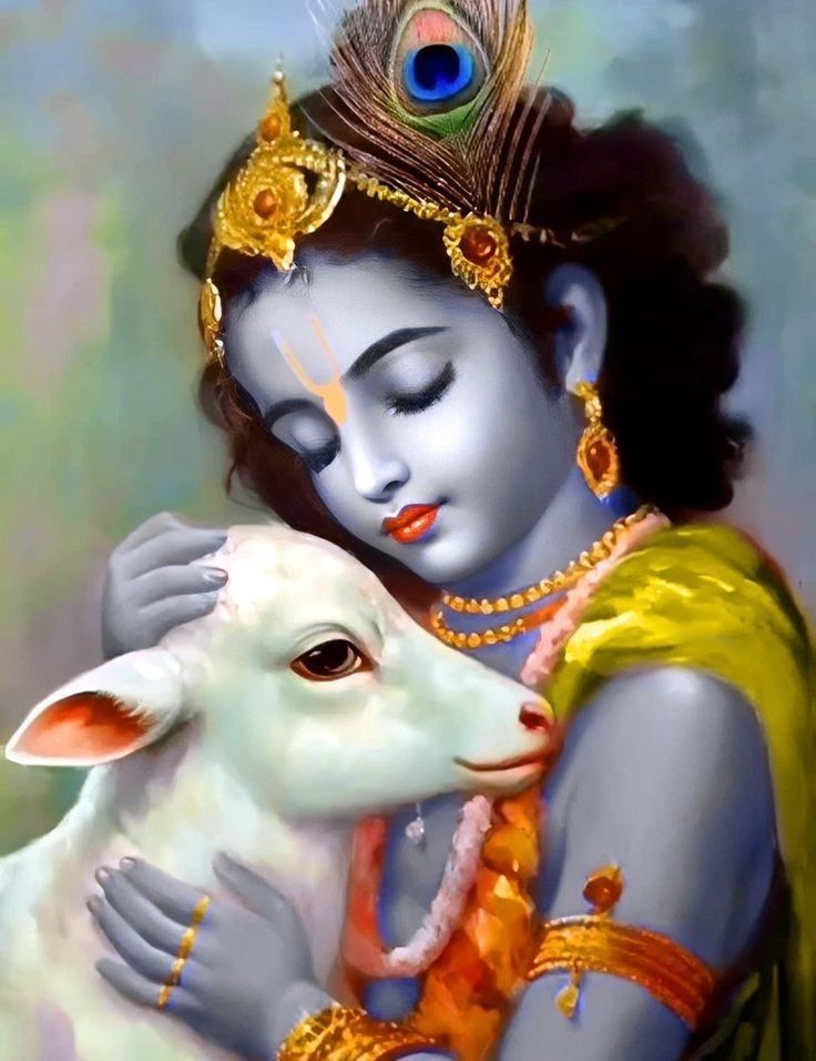 Krishna lovingly embraces a white calf