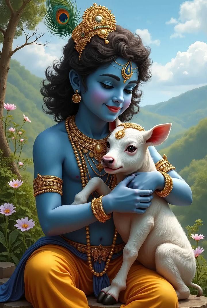 Krishna embracing a white calf.