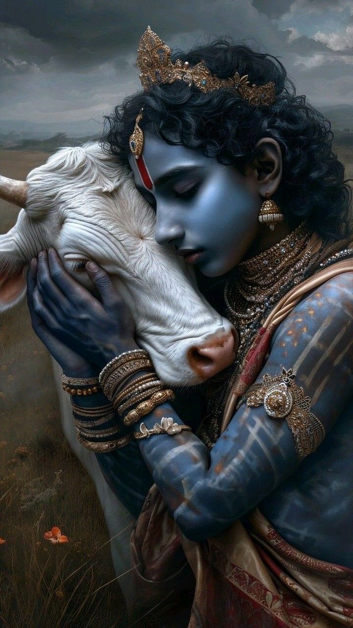 Krishna embracing a sacred cow.
