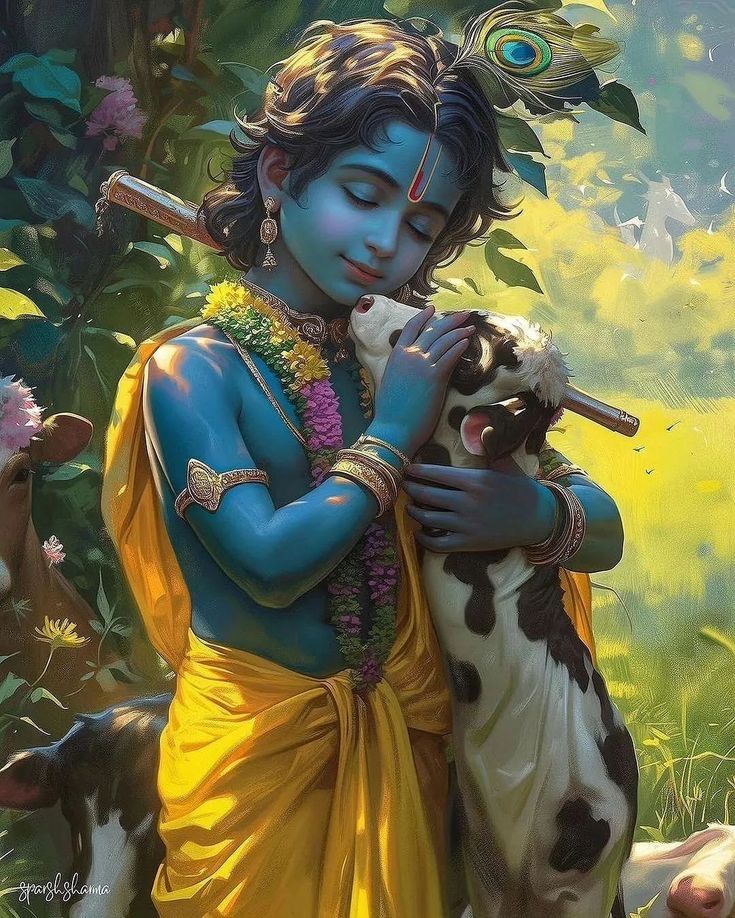 Krishna lovingly holds a calf, flute in hand.