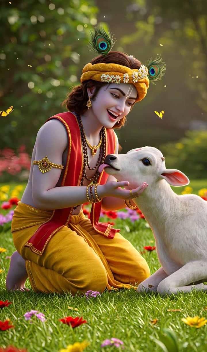 Krishna with calf in a flower field