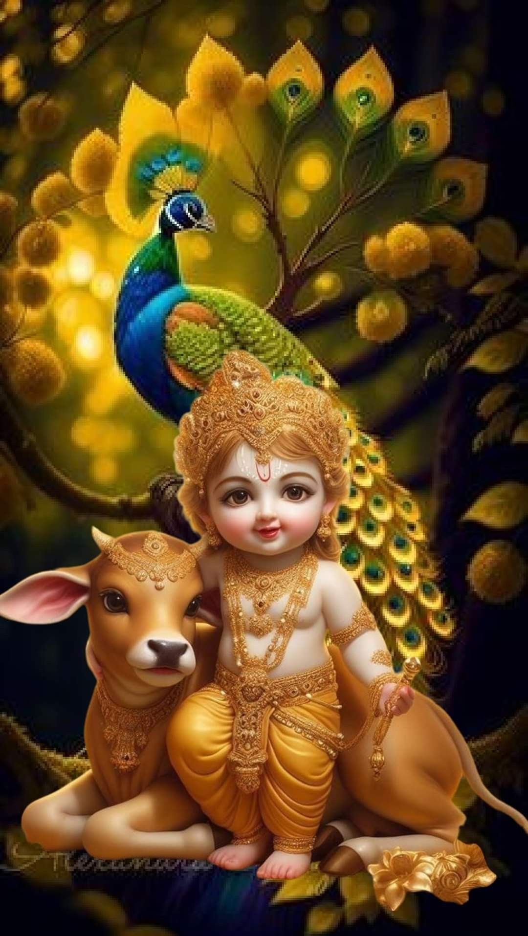 Baby Krishna with a cow and peacock