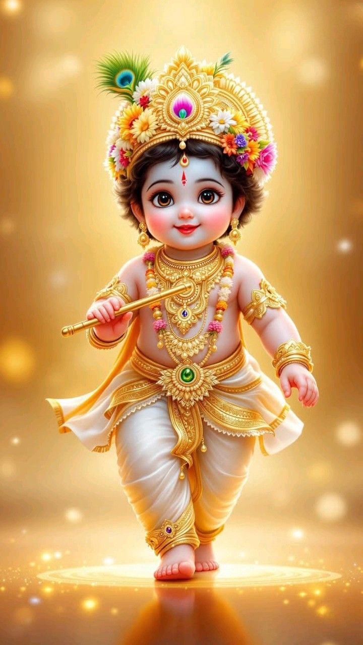 Baby Krishna with flute, golden attire