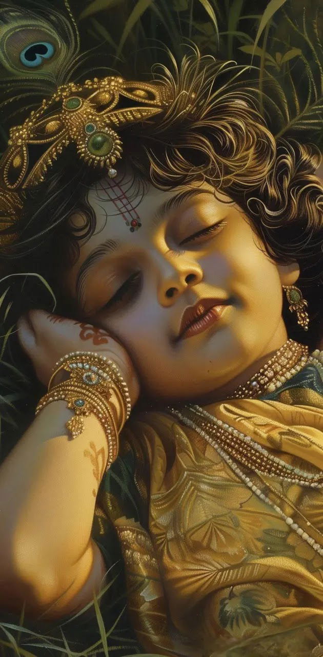 Sleeping baby Krishna with peacock feather