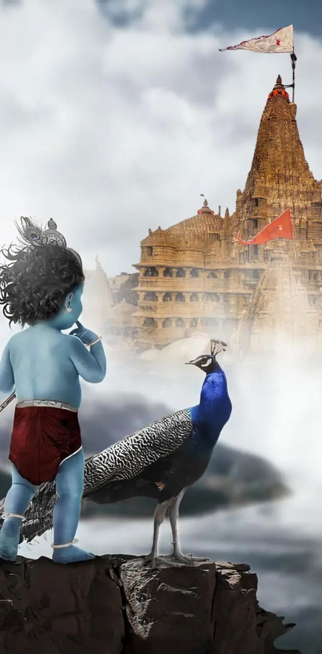 Bal Krishna playing flute near temple