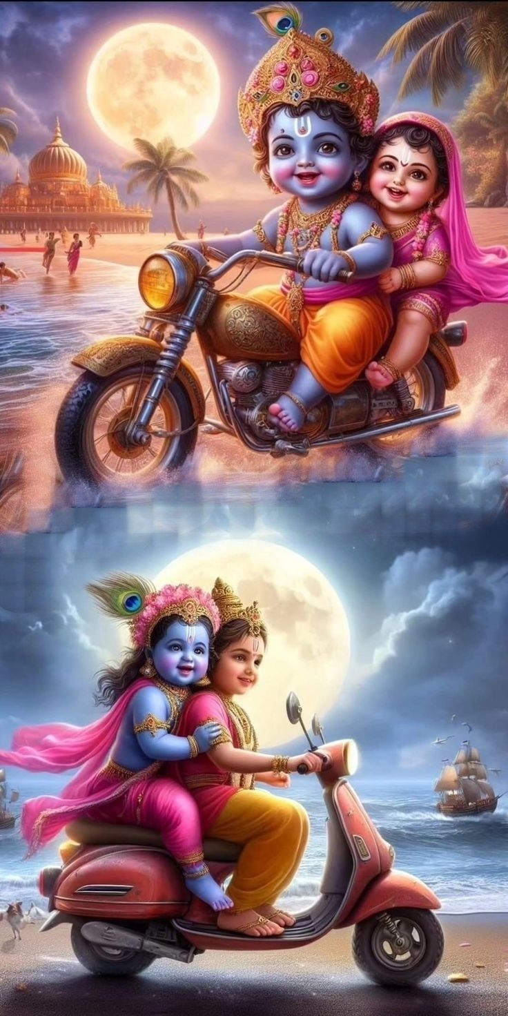 Krishna and Gopi on motorcycle beach