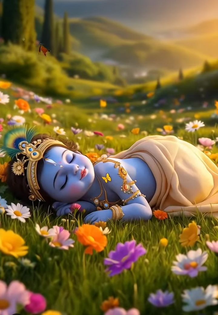 Sleeping Bal Krishna in flower field