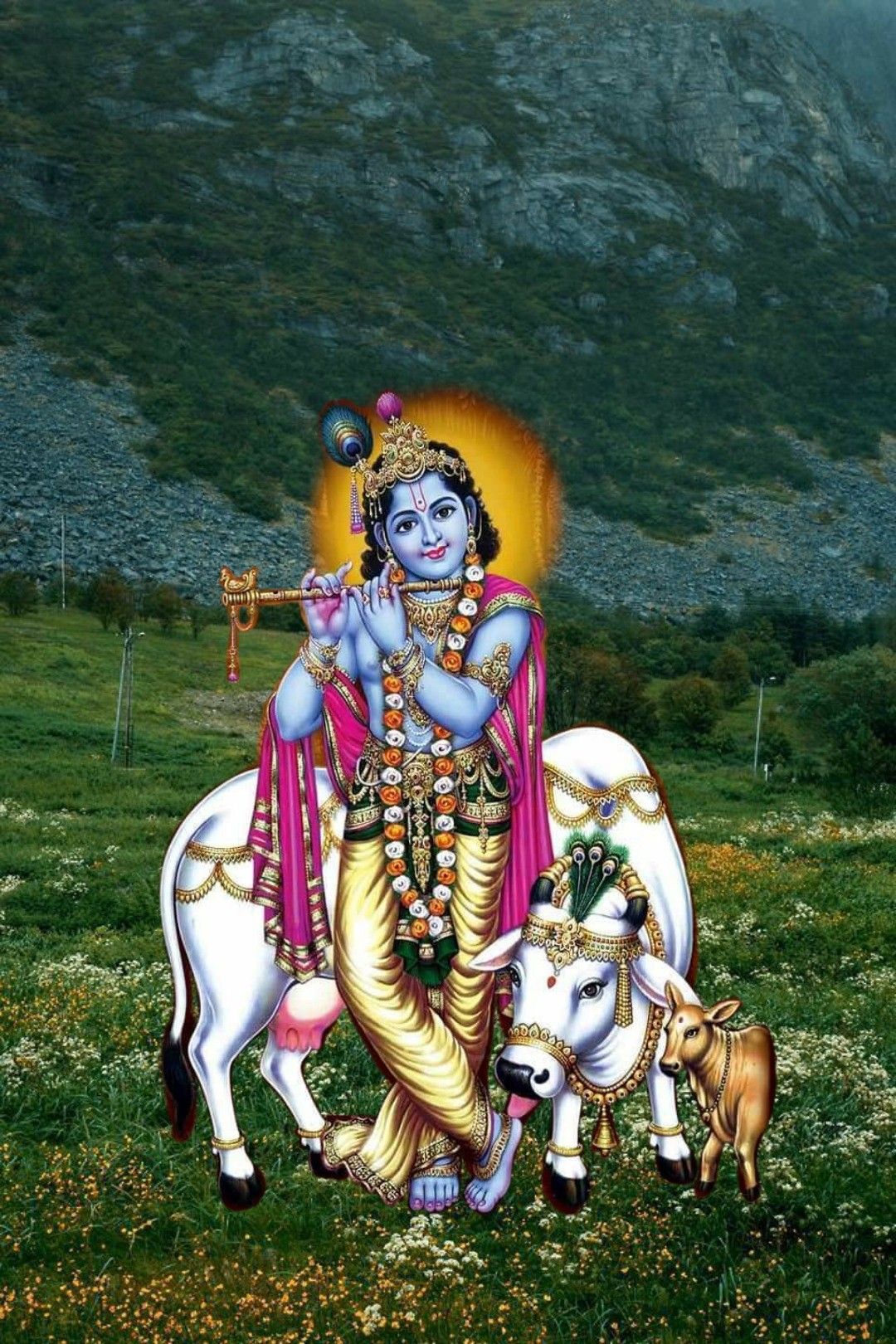 Krishna playing flute with a cow