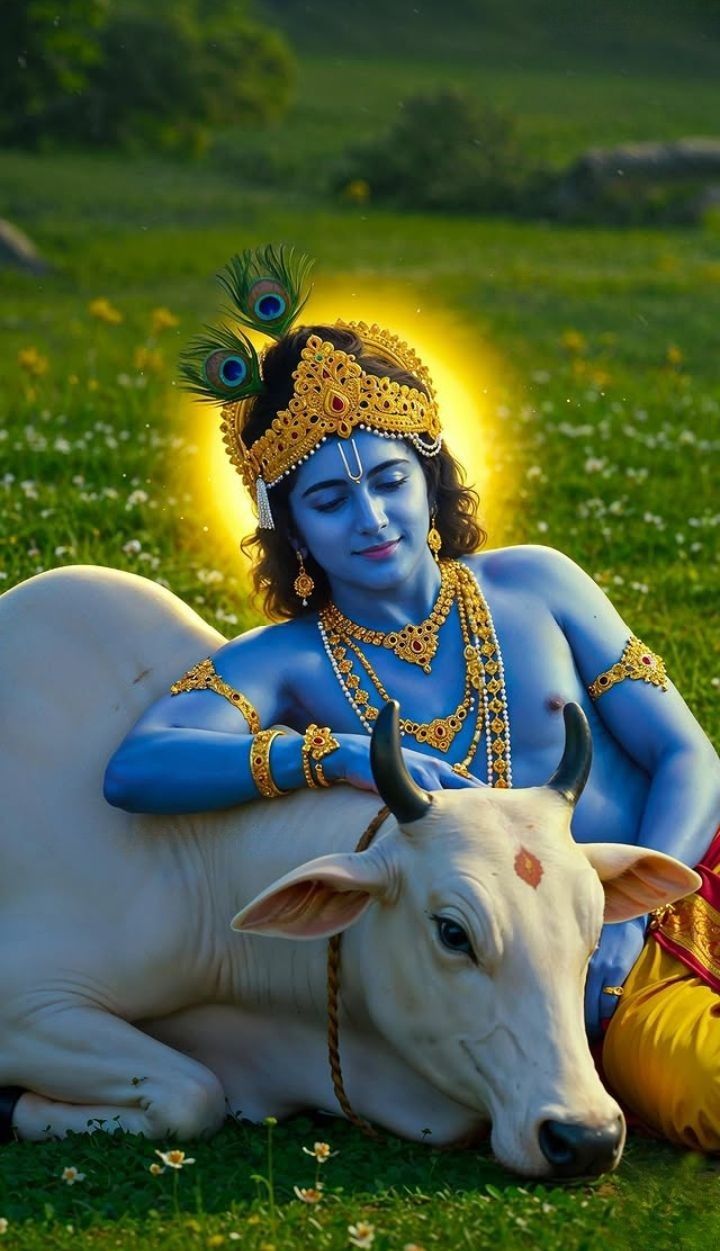Krishna resting with a white cow.