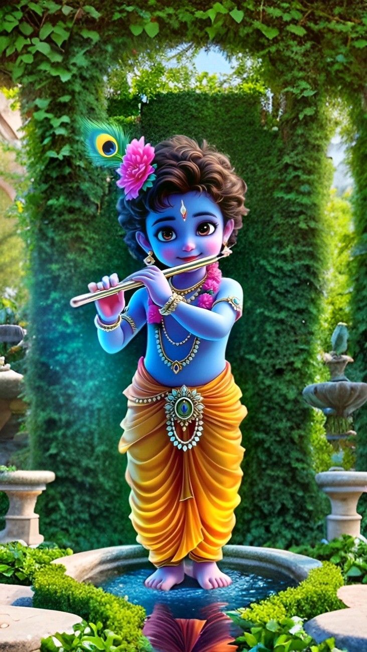 Little Krishna playing a flute in garden