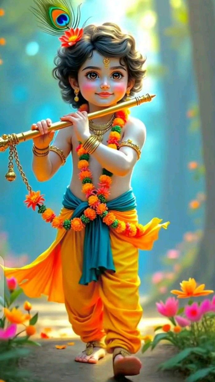Young Krishna playing a flute sweetly