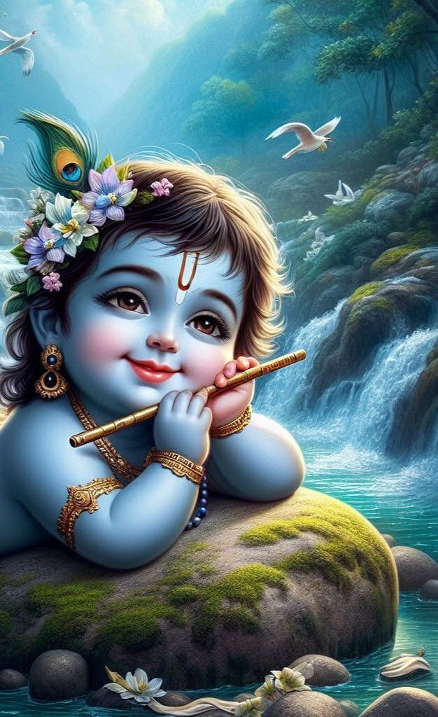 Baby Krishna playing flute by waterfall.