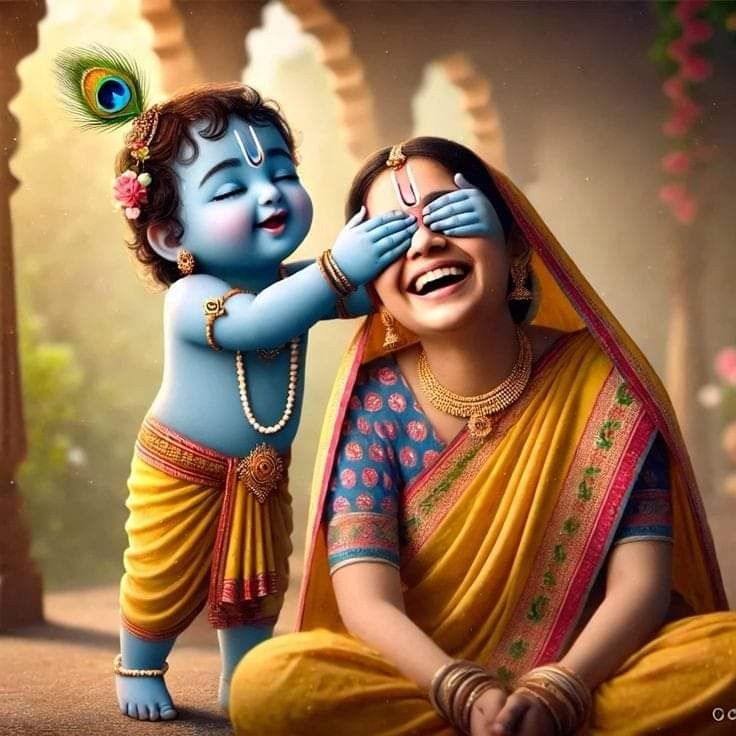 Krishna playfully covering Radha’s eyes