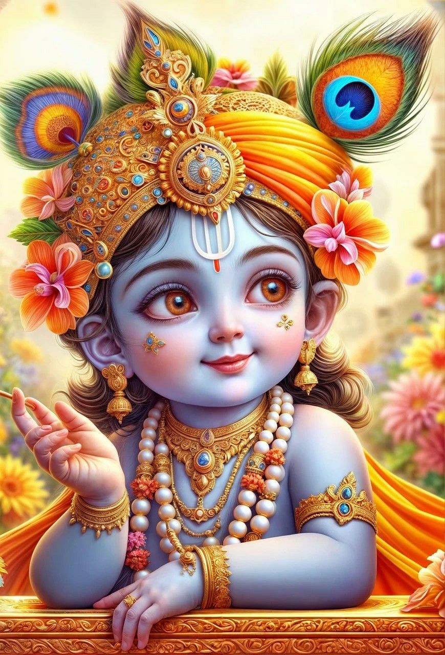 Adorable Bal Krishna with flute and peacock feather