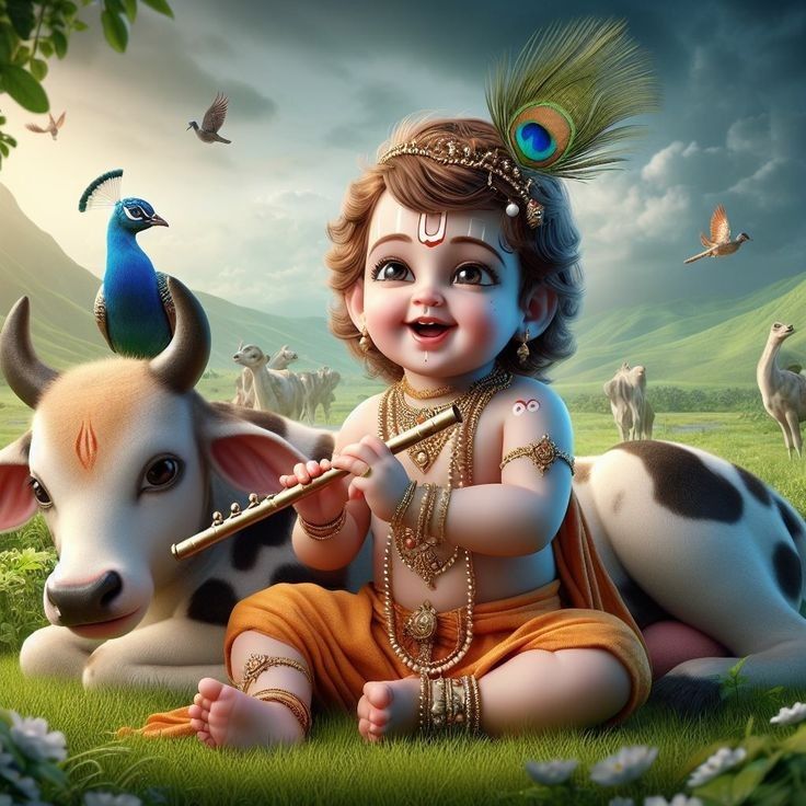 Baby Krishna playing flute with cow