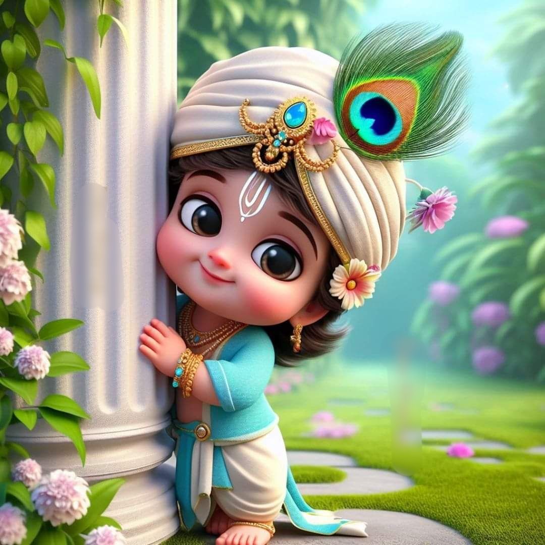 Cute cartoon Krishna peeking from pillar
