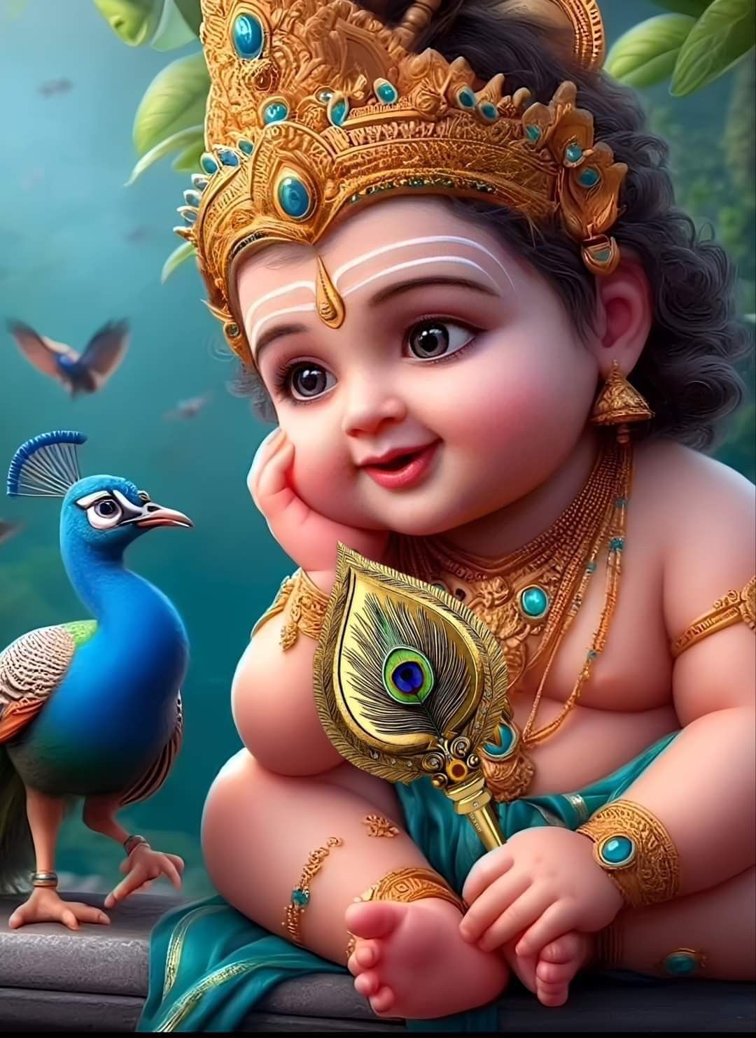 Baby Krishna with peacock feather smiling