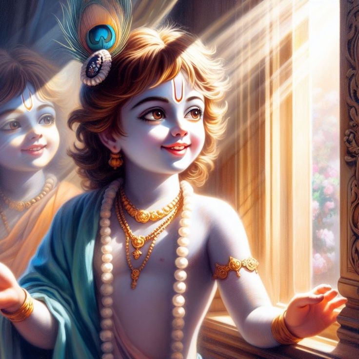 Smiling baby Krishna with peacock feather