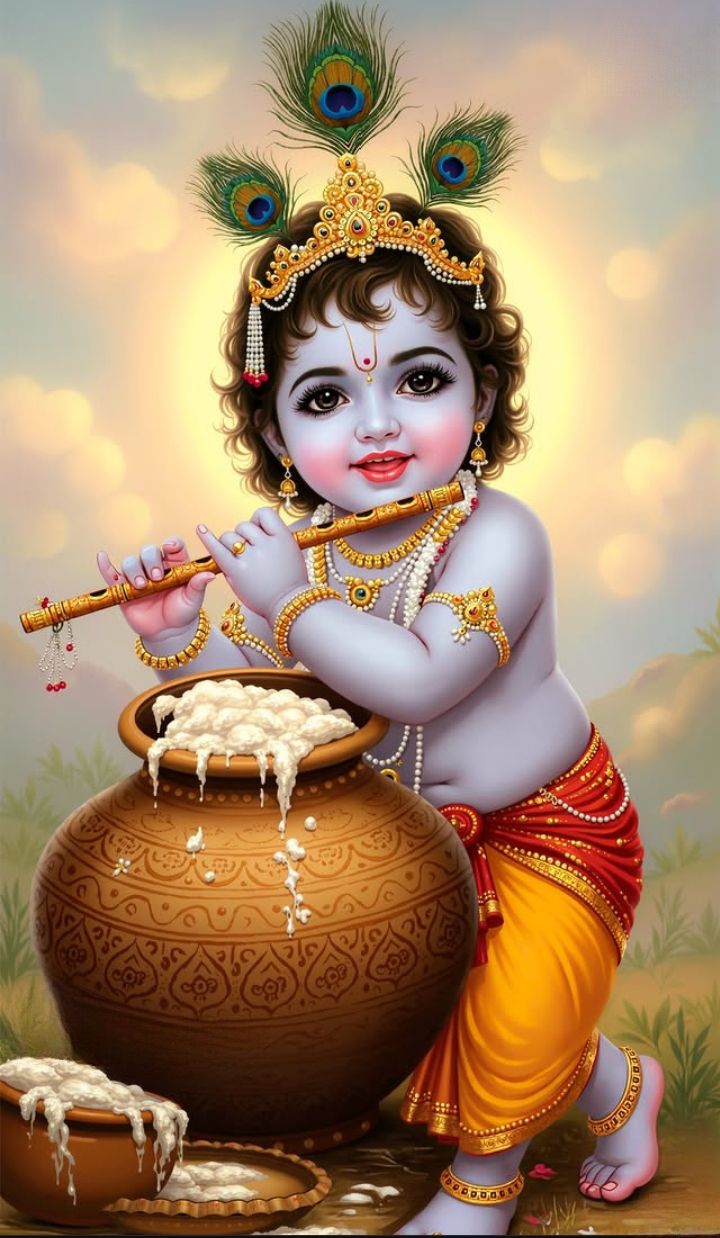 Baby Krishna playing flute with butter