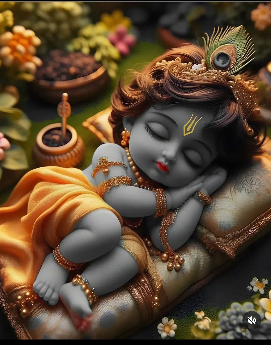 Sleeping baby Krishna with peacock feather