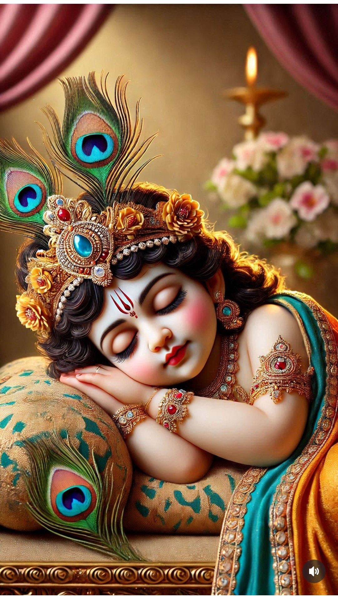 Sleeping baby Krishna with peacock feather