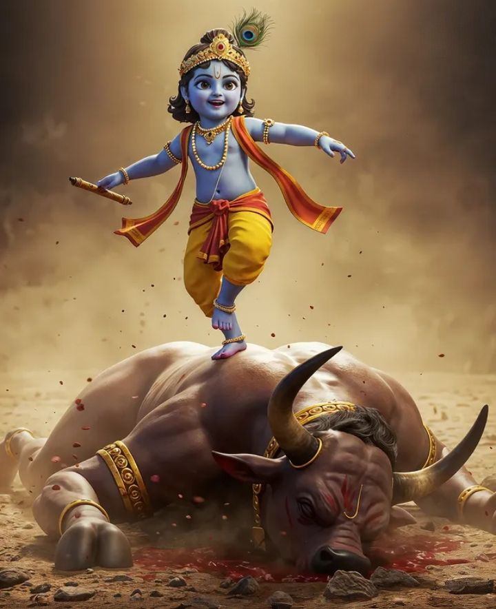 Little Krishna taming a bull, divine art