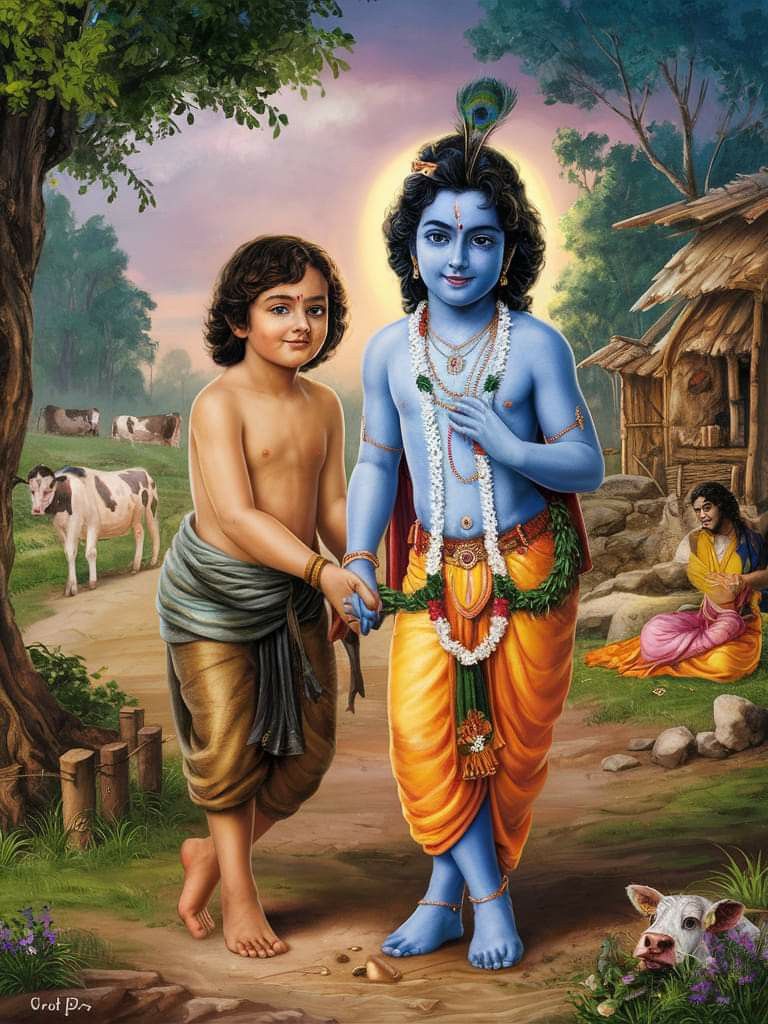 Krishna and friend in village scene