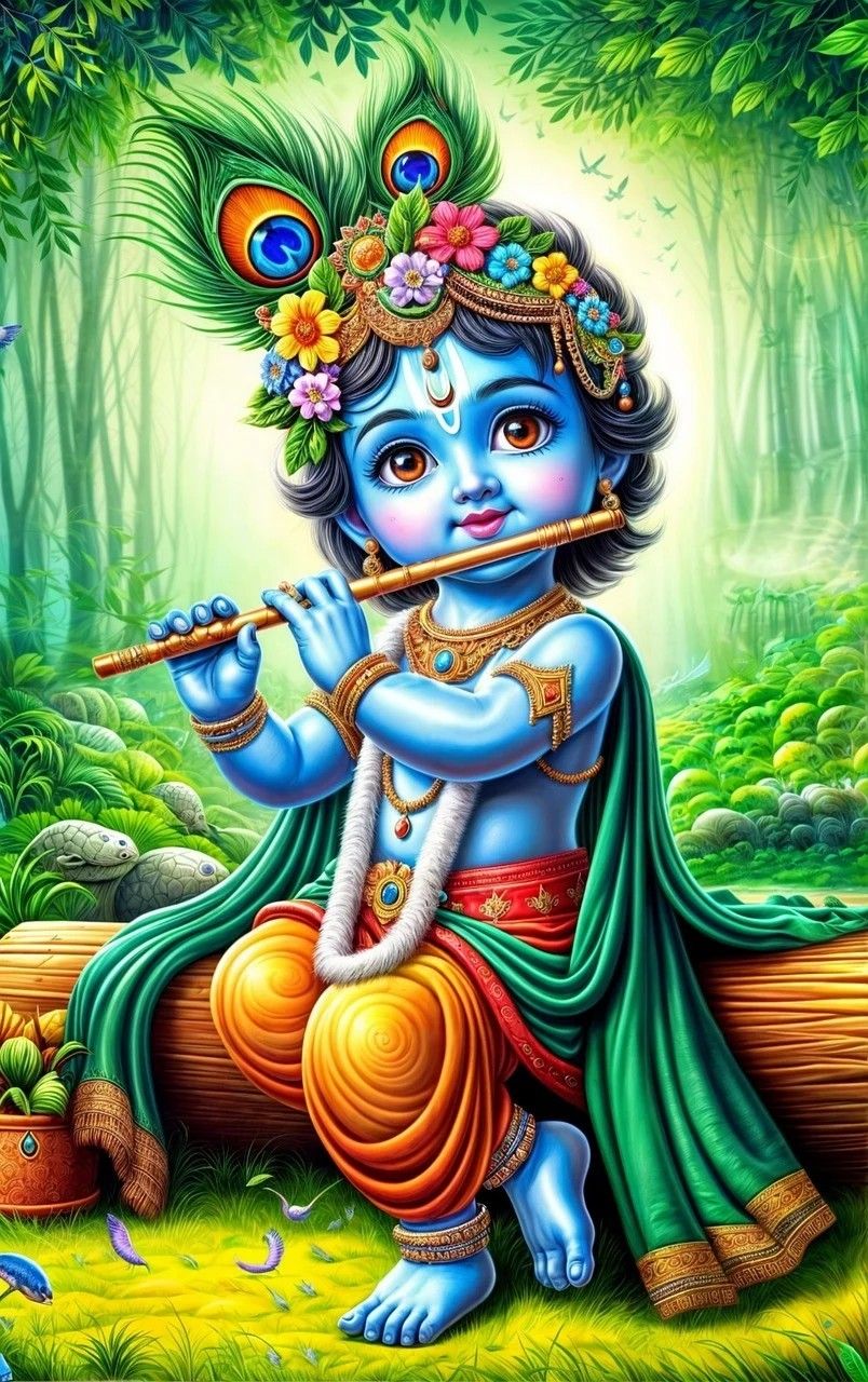 Baby Krishna playing the flute in forest
