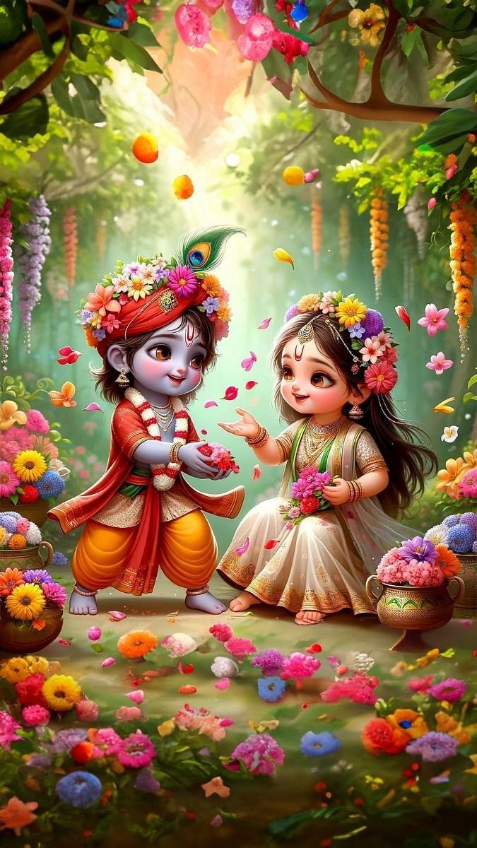 Krishna Radha blossom garden playful