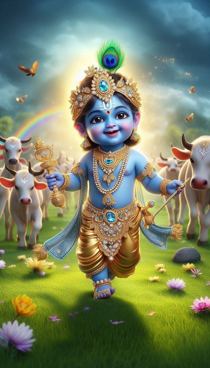 Baby Krishna with cows and flute