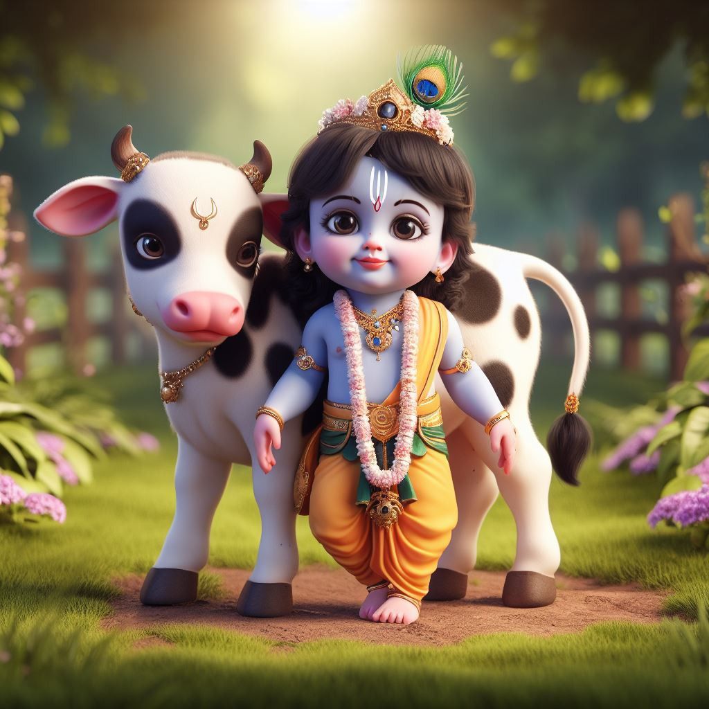 Bal Krishna with a playful cow.