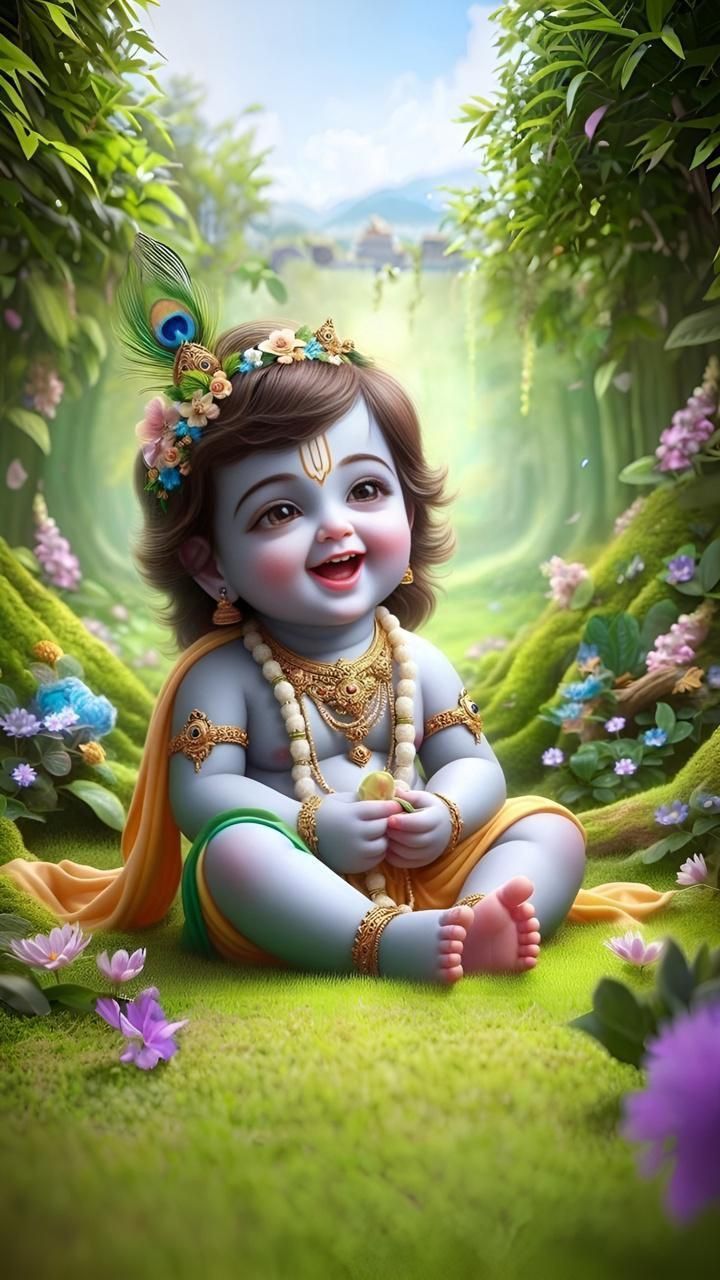 Smiling baby Krishna in a garden