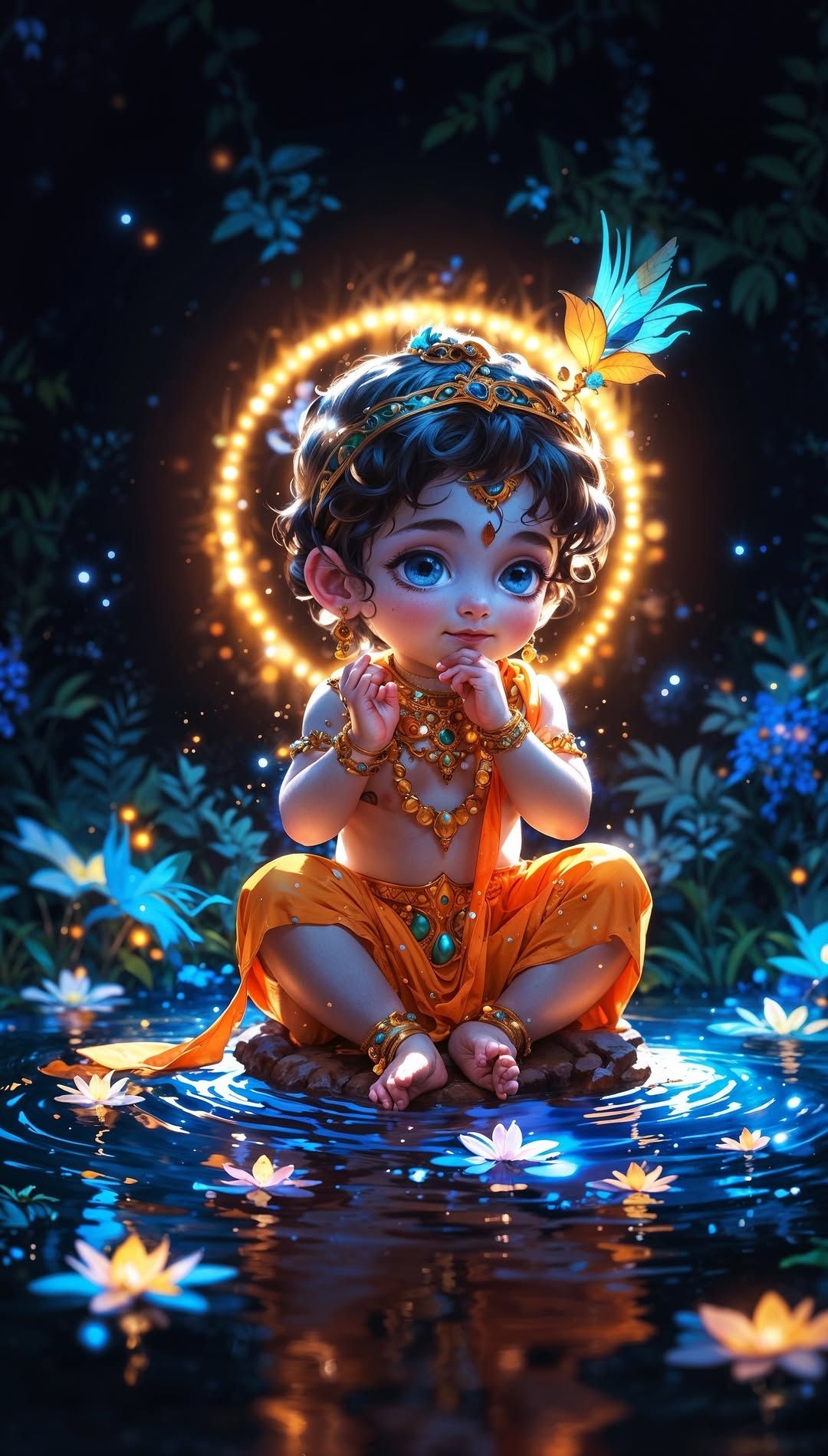 Baby Krishna seated amidst lotus flowers